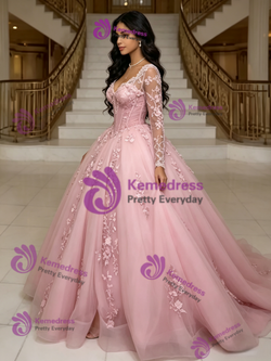 Pink Tulle Long Sleeve Appliques Quinceanera Dress