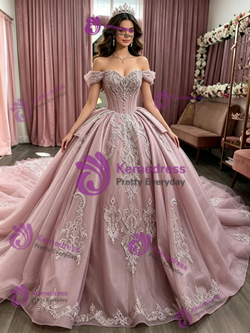 Pink Tulle Off the Shoulder Appliques Quinceanera Dress