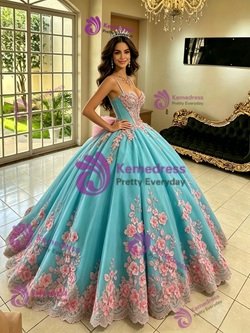 Blue Tulle Spaghetti Straps 3D Flower Quinceanera Dress