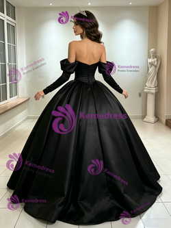 Black Satin Long Sleeve Quinceanera Dress