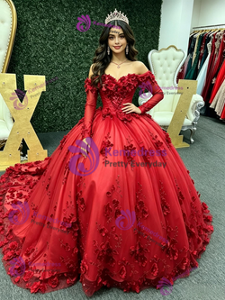 Red Tulle Long Sleeve Appliques Quinceanera Dress