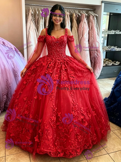 Red Tulle Appliques Straps Quinceanera Dress