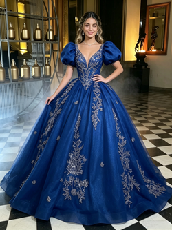 Blue Tulle Puff Sleeve Appliques Quinceanera Dress