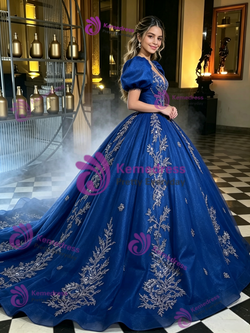 Blue Tulle Puff Sleeve Appliques Quinceanera Dress