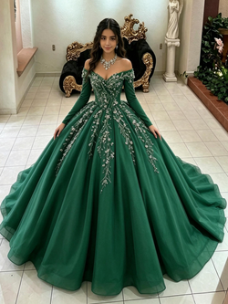 Green Tulle Long Sleeve Appliques Quinceanera Dress