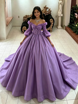 Purple Tulle Puff Sleeve Quinceanera Dress