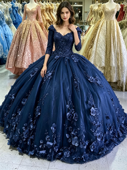 Navy Blue Tulle Short Sleeve Quinceanera Dress