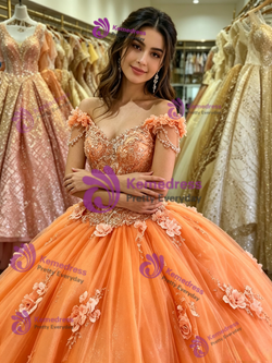 Orange Tulle Off the Shoulder Appliques Quinceanera Dress