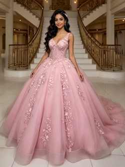 Pink Tulle V-neck Appliques Quinceanera Dress