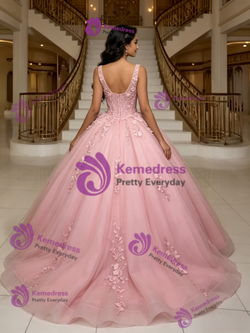 Pink Tulle V-neck Appliques Quinceanera Dress