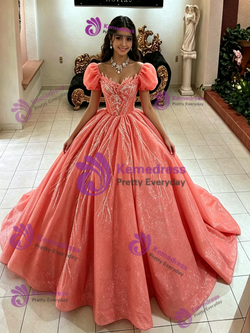 Watermelon Tulle Puff Sleeve Quinceanera Dress