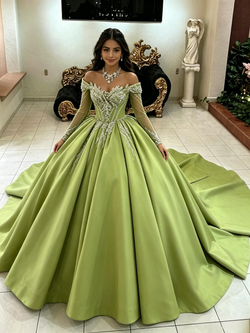 Green Satin Long Sleeve Quinceanera Dress