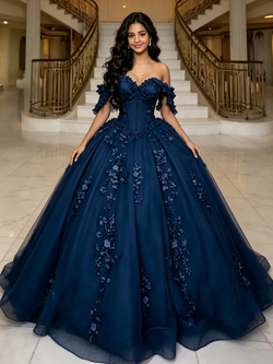 Navy Blue Tulle Off the Shoulder Appliques Quinceanera Dress