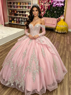 Pink Tulle Off the Shoulder Appliques Quinceanera Dress
