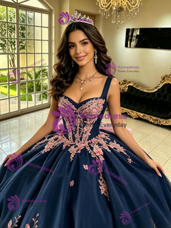 Navy Blue Tulle Appliques Quinceanera Dress
