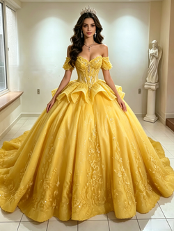 Yellow Tulle Off the Shoulder Appliques Quinceanera Dress