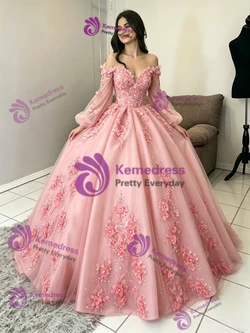 Pink Tulle Long Sleeve Appliques Quinceanera Dress