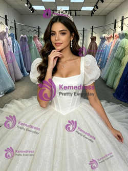 White Sequins Puff Sleeve Quinceanera Dress