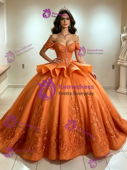 Orange Tulle Off the Shoulder Appliques Quinceanera Dress