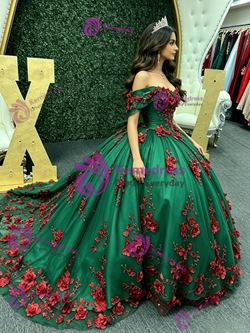 Green Tulle Off the Shoulder Appliques Quinceanera Dress