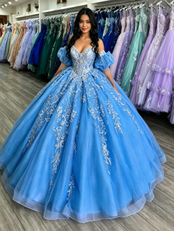 Blue Tulle Appliques Quinceanera Dress