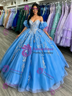 Blue Tulle Appliques Quinceanera Dress