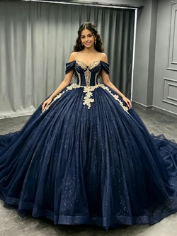Navy Blue Tulle Appliques Quinceanera Dress