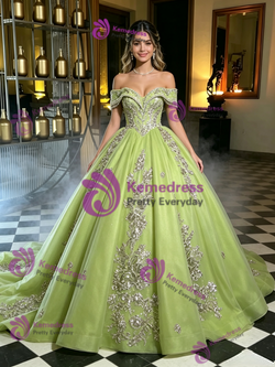 Green Tulle Off the Shoulder Quinceanera Dress