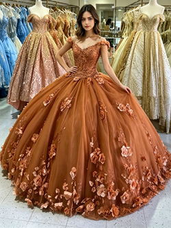 Brown Tulle Appliques Quinceanera Dress