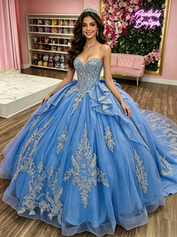 Blue Tulle Strapless Appliques Quinceanera Dress