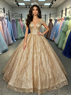 Gold Sequins V-neck Quinceanera Dress