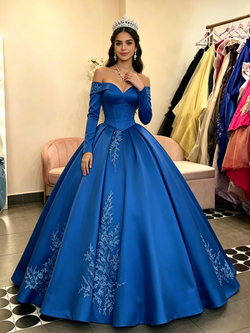 Blue Satin Long Sleeve Appliques Quinceanera Dress