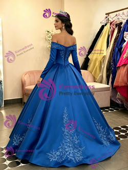Blue Satin Long Sleeve Appliques Quinceanera Dress