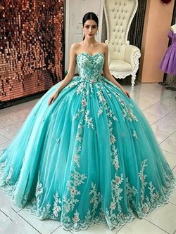 Blue Tulle Strapless Appliques Quinceanera Dress