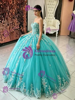Blue Tulle Strapless Appliques Quinceanera Dress