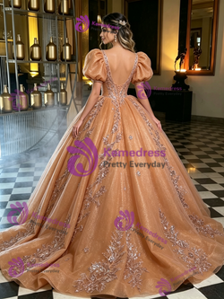 Brown Tulle Puff Sleeve Appliques Quinceanera Dress
