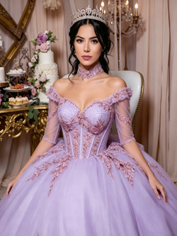 Purple Tulle Short Sleeve Appliques Quinceanera Dress