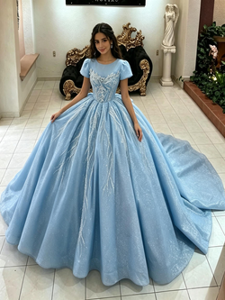 Light Blue Short Sleeve Tulle Quinceanera Dress