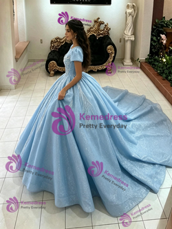 Light Blue Short Sleeve Tulle Quinceanera Dress