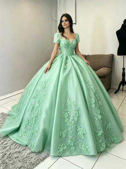 Green Tulle Short Sleeve Square Neck Appliques Quinceanera Dress