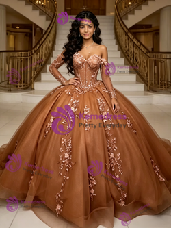 Brown Tulle Long Sleeve Quinceanera Dress