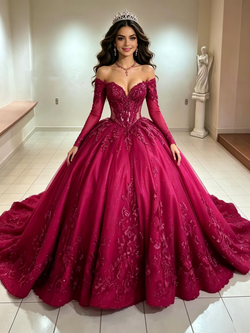 Burgundy Tulle Long Sleeve Quinceanera Dress