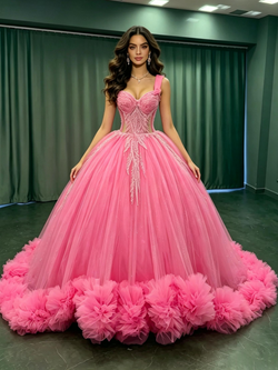 Pink Tulle Straps Sequins Quinceanera Dress