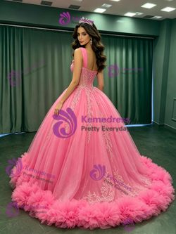 Pink Tulle Straps Sequins Quinceanera Dress