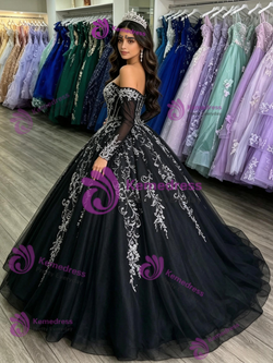 Black Tulle Long Sleeve Appliques Quinceanera Dress
