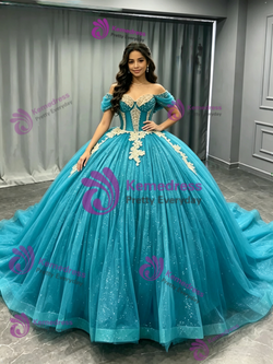 Blue Tulle Sequins Appliques Quinceanera Dress