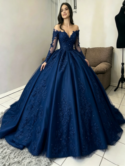Navy Blue Tulle Off the Shoulder Quinceanera Dress