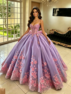 Purple Tulle Spaghetti Straps 3D Flower Quinceanera Dress