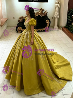 Green Puff Sleeve Sequins Quinceanera Dress