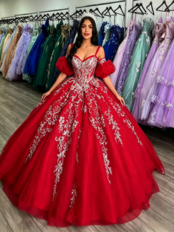Red Tulle Strapless Appliques Quinceanera Dress